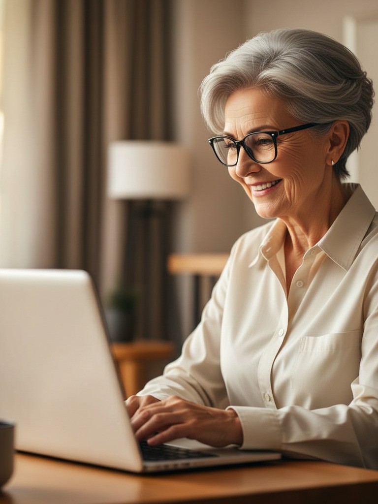 Woman uploading photos on laptop